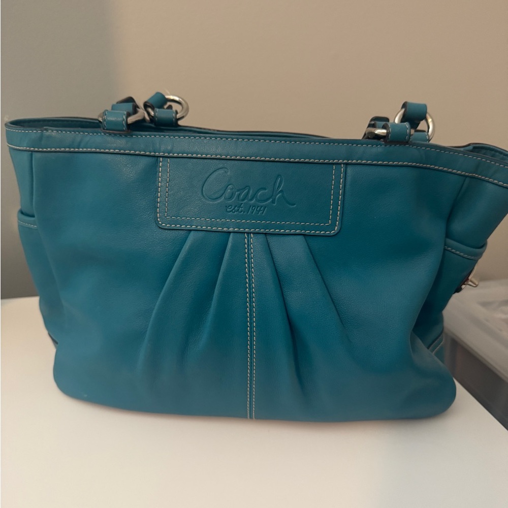 Coach Blue Pleated Leather East West Gallery Shoulder Bag
